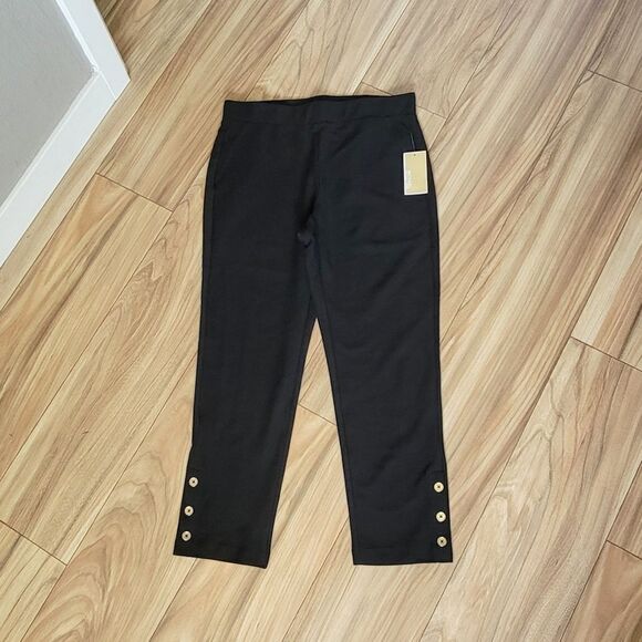 🆕️ Michael Kors Pull On Petite Slit Ankle Cropped High Waist Dress Pants Black - Picture 3 of 11